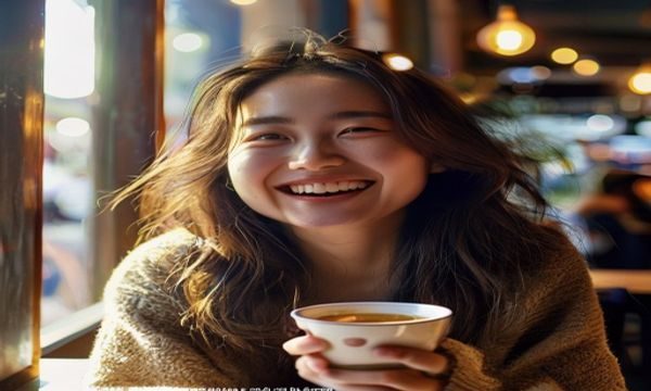 一位年轻女性用户在咖啡馆内愉快地使用杏吧探花发现了附近的隐藏好店，脸上露出满意的微笑，窗外阳光明媚