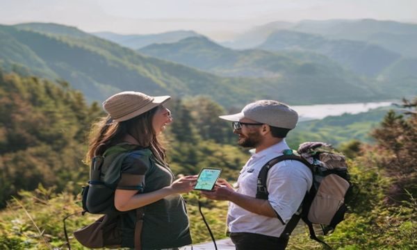 一对年轻夫妇在旅行途中使用杏吧探花规划行程，手机屏幕显示目的地的精选内容推荐，背景是美丽的自然风光