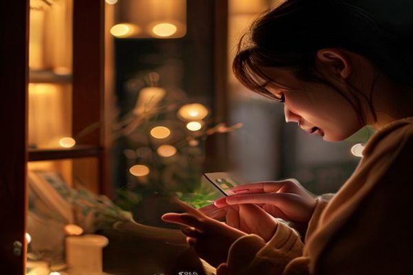 杏吧探花平台用户在手机上浏览精选内容，温暖室内光线，专注投入的阅读状态，体现内容探索的沉浸感