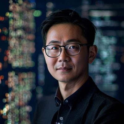 杏吧探花技术负责人陈浩的专业形象照，戴着眼镜，神情专注，背景为布满代码的显示器屏幕
